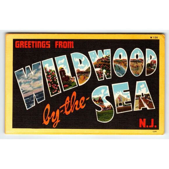 Vintage Postcard - Greetings From Wildwood By-The-Sea N.J. - Large Letter Linen - Picture 1 of 2